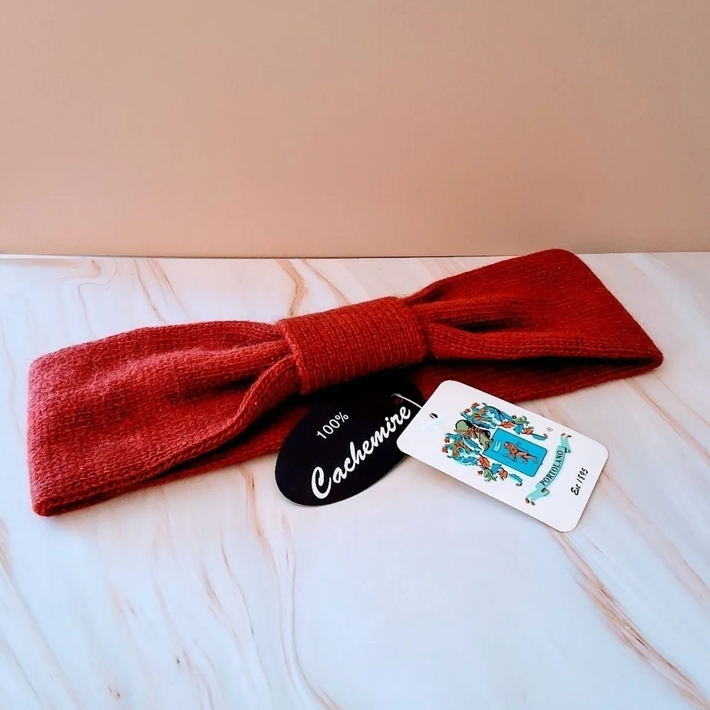 💥 Portolano 100% Cashmere Headband – Rust Red Bow Design